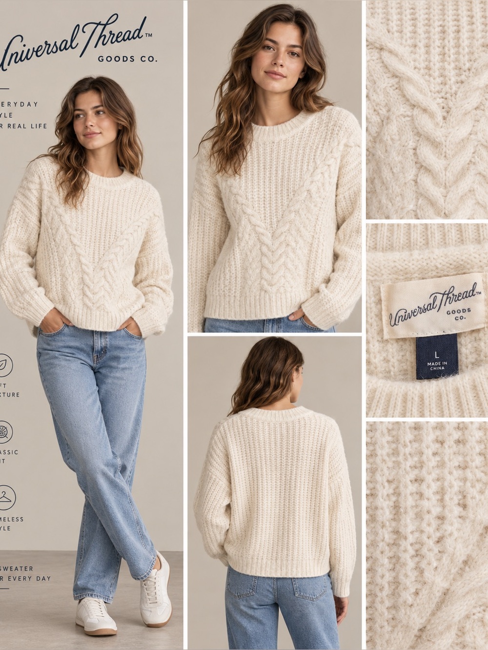 Universal Thread Women’s L Cream Cable Knit Textured Cozy Sweater